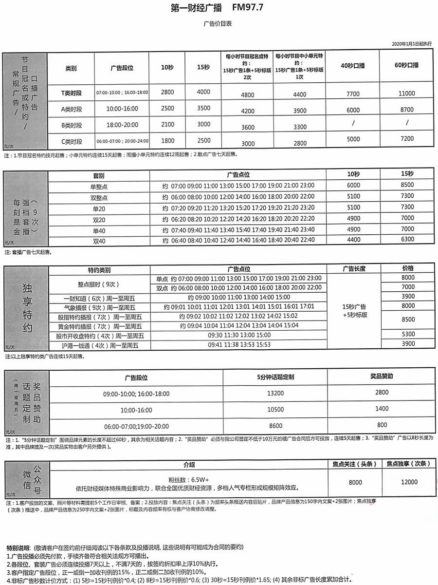 上海第一财经电台(FM97.7)2020年广告价格