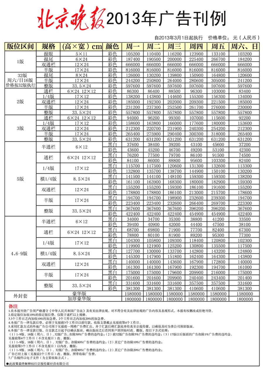 北京晚报广告 北京晚报广告报价 北京晚报广告价目表