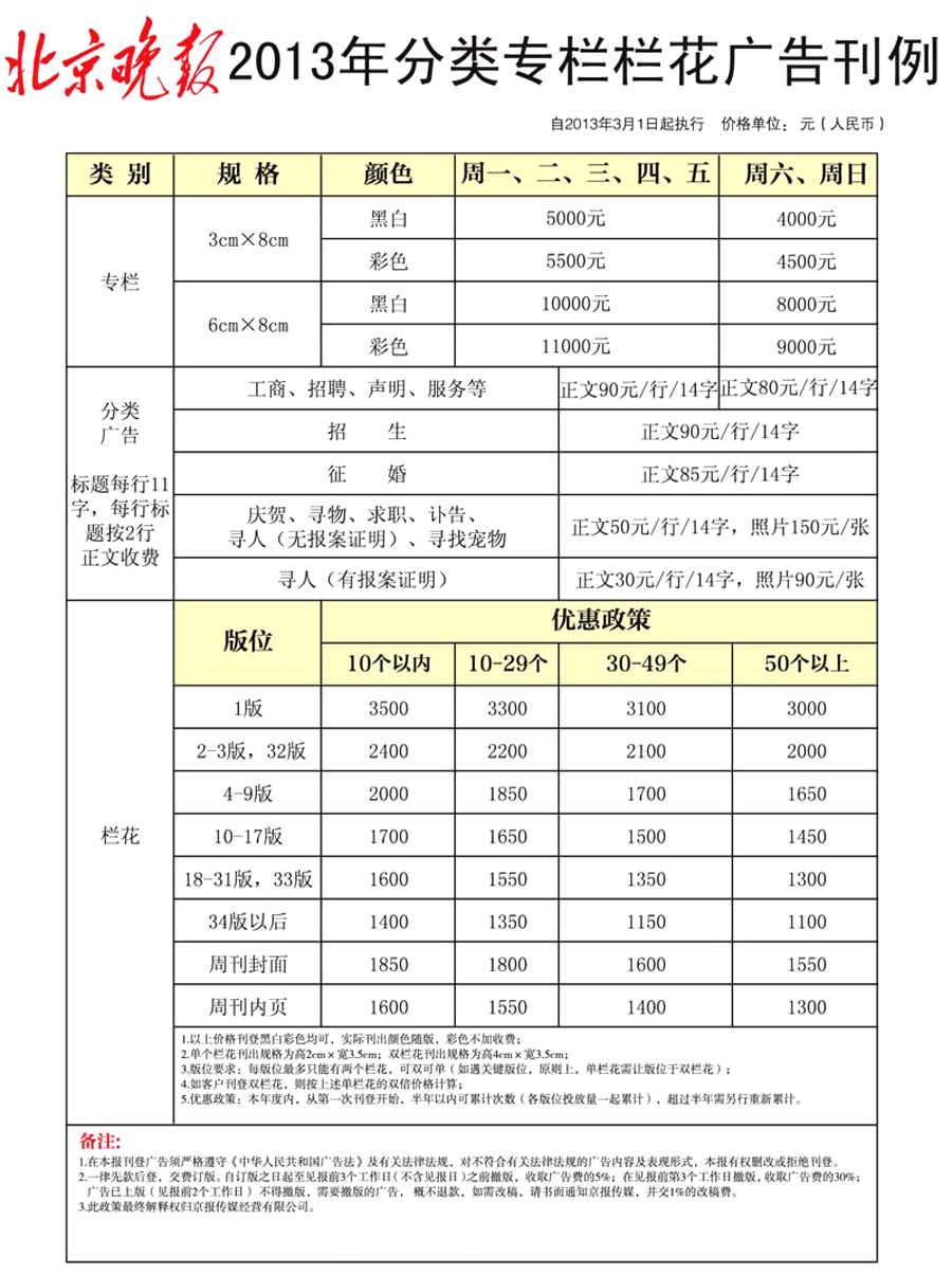 北京晚报广告 北京晚报广告报价 北京晚报广告价目表